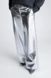 Kenneth Cole Metallic High Waist Wide Leg Pants In Silver