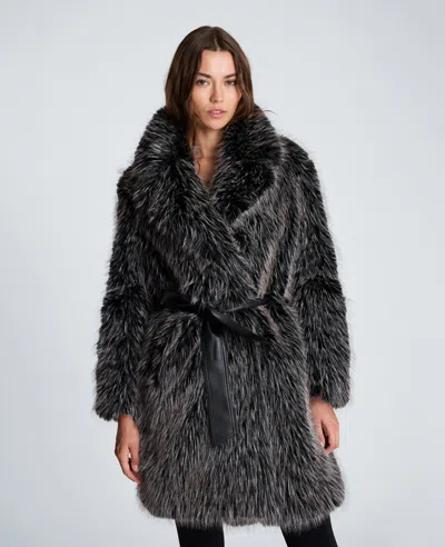 Kenneth Cole Midi Fur Jacket With Contrast Belt In Gray