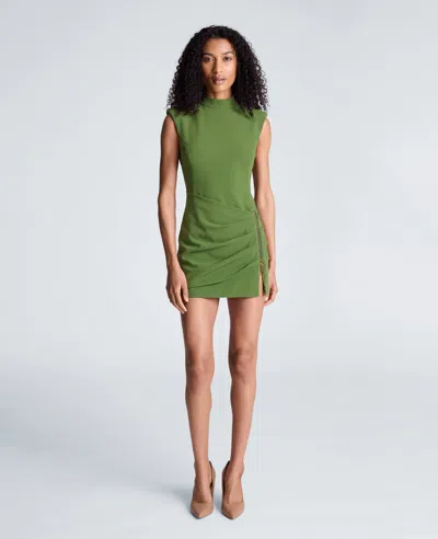 Kenneth Cole Mock Neck Zipper Front Textured Crepe Mini Dress In Green