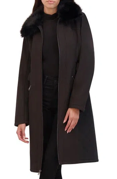 Kenneth Cole New York Belted Softshell Longline Coat With Faux Fur Trim In Black