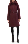 Kenneth Cole New York Belted Softshell Longline Coat With Faux Fur Trim In Burgundy
