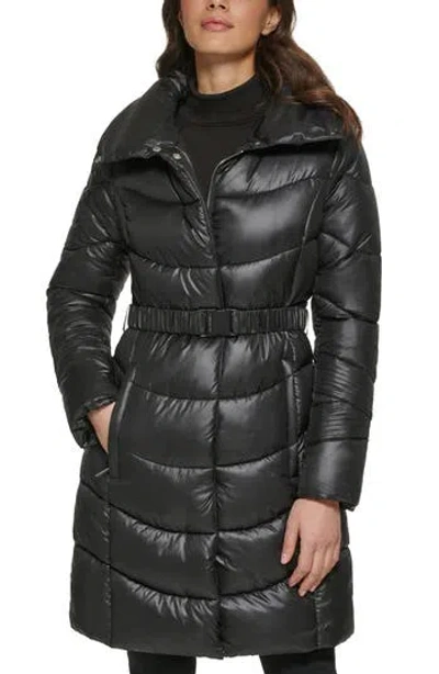 Kenneth Cole New York Cire Belted Funnel Neck Puffer Jacket In Black