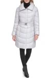 Kenneth Cole New York Cire Belted Funnel Neck Puffer Jacket In Silver