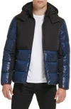 Kenneth Cole New York Colorblock Hooded Water Resistant Puffer Jacket In Black