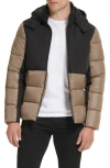 Kenneth Cole New York Colorblock Hooded Water Resistant Puffer Jacket In Brown