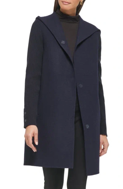 Kenneth Cole New York Double Face Wool Blend Hooded Coat In Navy