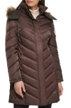 Kenneth Cole New York Faux Fur Trim Longline Puffer Jacket In Dark Roast
