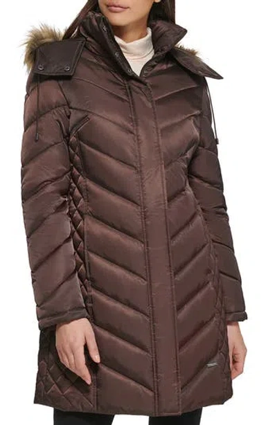 Kenneth Cole New York Faux Fur Trim Longline Puffer Jacket In Dark Roast