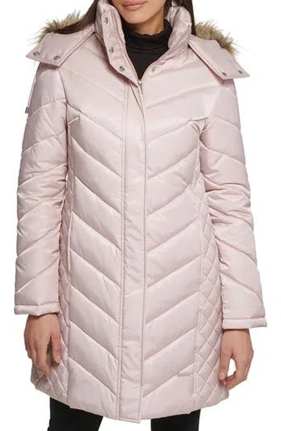 Kenneth Cole New York Faux Fur Trim Longline Puffer Jacket In Rose Dust