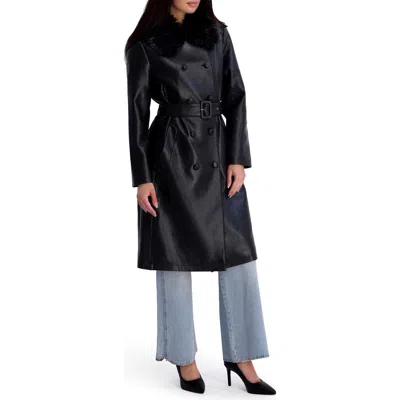 Kenneth Cole New York Faux Leather Trench Coat With Faux Fur Collar In Black