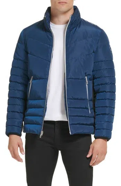 Kenneth Cole New York Faux Memory Full Zip Mixed Quilted Puffer Jacket In Blue