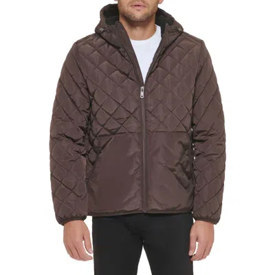 Kenneth Cole New York Faux Shearling Lined Hood Quilted Puffer Jacket In Brown