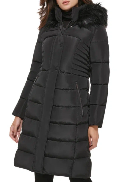 Kenneth Cole New York Memory Faux Fur Trim Hooded Puffer Coat In Black