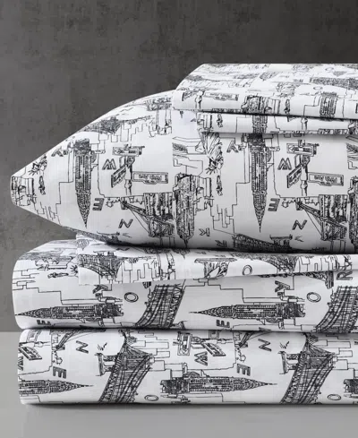 Kenneth Cole New York Microfiber 6 Piece Sheet Set, Full In Soft Black Landmarks