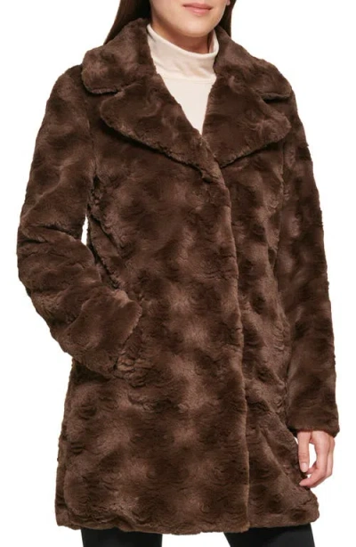 Kenneth Cole New York Notch Collar Faux Fur Coat In Chocolate