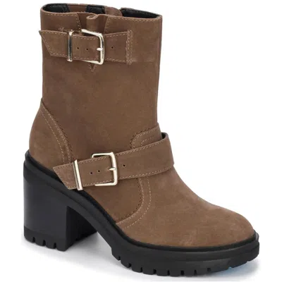 Kenneth Cole New York Rhode Heel Buckle Womens Faux Leather Casual Ankle Boots In Beige