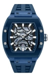 Kenneth Cole New York Skeleton Tonneau Automatic Silicone Strap Watch, 44mm X 56.2mm In Blue