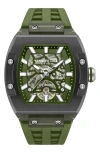 Kenneth Cole New York Skeleton Tonneau Automatic Silicone Strap Watch, 44mm X 56.2mm In Green