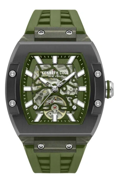 Kenneth Cole New York Skeleton Tonneau Automatic Silicone Strap Watch, 44mm X 56.2mm In Green
