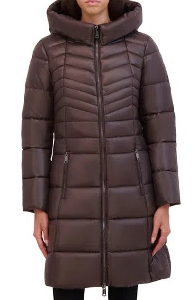 Kenneth Cole New York Soft Cire Funnel Neck Puffer Coat In Chocolate