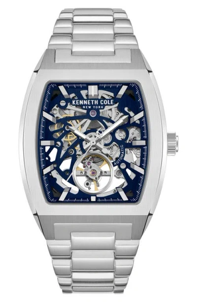 Kenneth Cole New York The Hollis Tonneau Skeleton Automatic Bracelet Watch, 40mm X 52.5mm In Silver