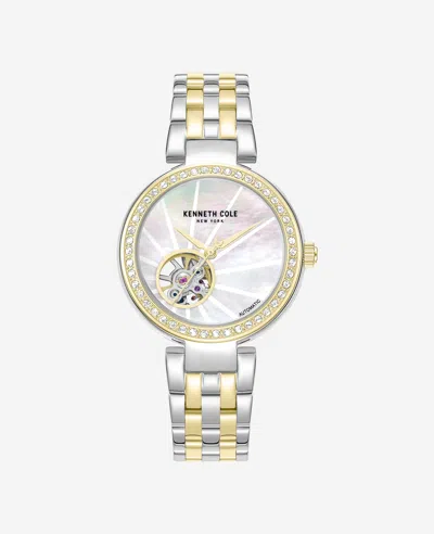 Kenneth Cole Open Heart Automatic Crystal Lined Mop Dial Two Tone Bracelet Watch In Gold