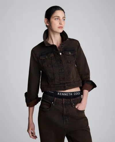 Kenneth Cole Overdye Denim Cropped Trucker Jacket In Brown