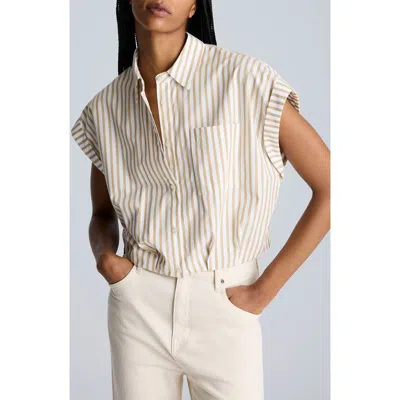 Kenneth Cole Oversize Stripe Cap Sleeve Cotton Button-down Shirt In Pure White,chai