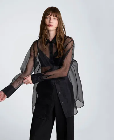 Kenneth Cole Oversized Button Front Sheer Organza Shirt With Long Sleeves In Black