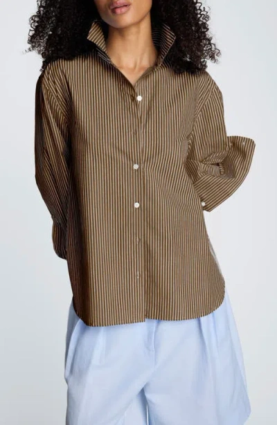 Kenneth Cole Pinstripe Button-up Boyfriend Shirt In Brown