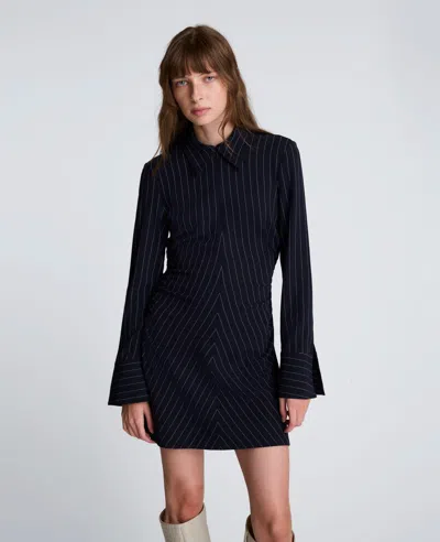 Kenneth Cole Pinstripe Crepe A-line Zip Front Dress In Black