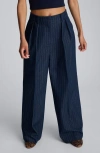 Kenneth Cole Pinstripe High Rise Fly Front Double Pleat Wide Leg Pant In Blue
