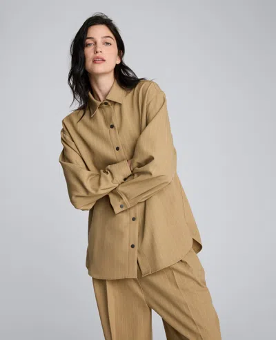 Kenneth Cole Pinstripe Drop Shoulder Snap Front Boyfriend Shirt In Brown