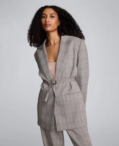 Kenneth Cole Plaid One Button Belted Jacket