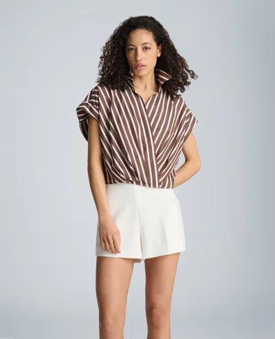 Kenneth Cole Pleat Cross Over Front Shirt Sleeve Crop Shirt In Brown
