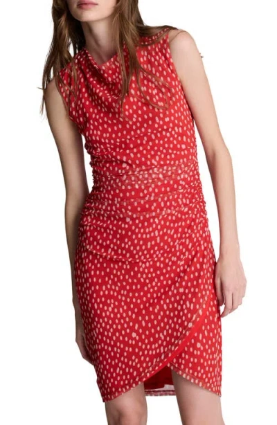 Kenneth Cole Polka Dot Mesh Side Rouched Faux Wrap Dress In Red