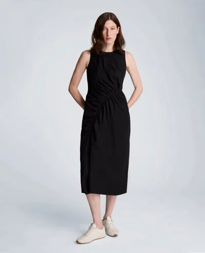 Kenneth Cole Asymmetric Ruched Cotton Blend Midi Dress In Black