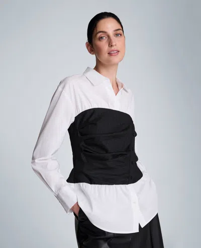 Kenneth Cole Poplin Long Sleeve Shirt With Pleated Bustier In White