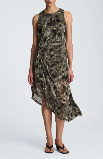 Kenneth Cole Print Sleeveless Asymmetric Midi Dress In Green