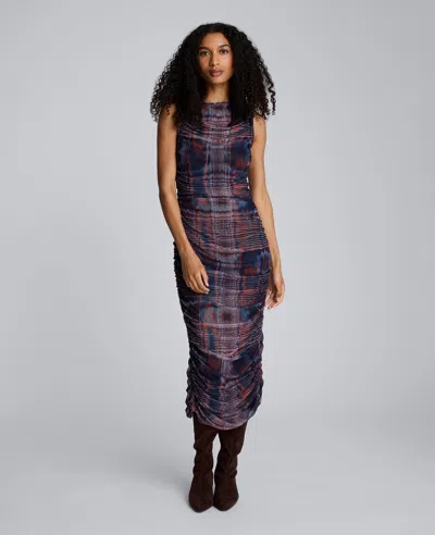 Kenneth Cole Printed Mesh Fully Ruched Modern Midi Dress In Multi