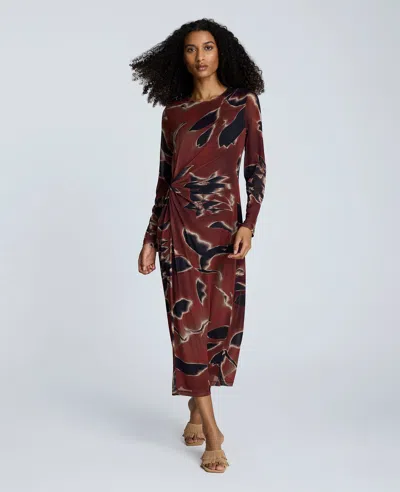Kenneth Cole Printed Mesh Knot Front Long Sleeve Maxi Dress In Brown