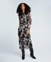 Kenneth Cole Printed Mesh Knot Front Long Sleeve Midi Dress In Multi