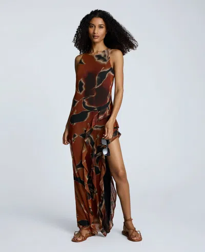 Kenneth Cole Printed Mesh Ruffle Slit Maxi Dress In Brown