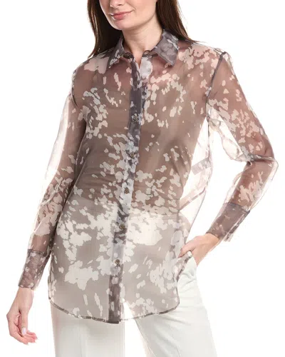 Kenneth Cole Printed Organza Sheer Top In Brown