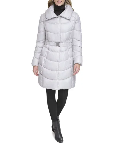 Kenneth Cole Belted Puffer Funnel Neck Coat In Gray