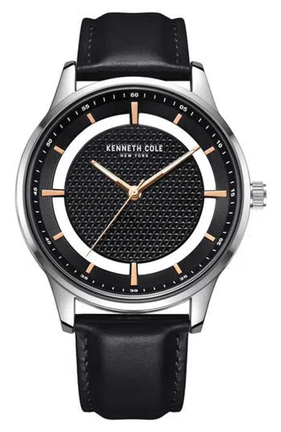 Kenneth Cole Quartz Leather Strap Watch, 45mm In Black
