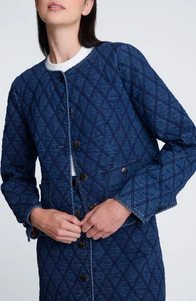 Kenneth Cole Denim Quilted Collarless Jacket In Blue