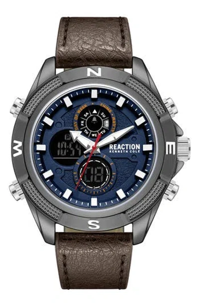 Kenneth Cole Reaction Analog & Digital Faux Leather Strap Watch, 48.2mm