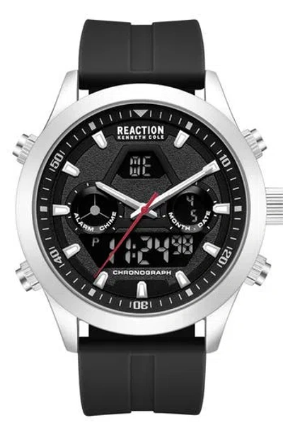 Kenneth Cole Reaction Analog Digital Silicone Strap Chronograph Watch, 47mm In Black