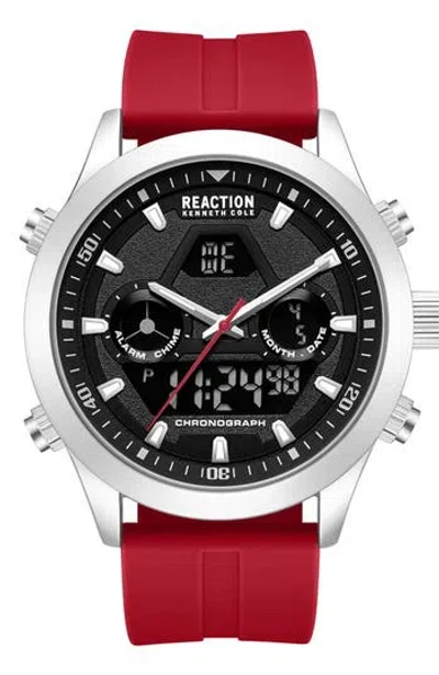 Kenneth Cole Reaction Analog Digital Silicone Strap Chronograph Watch, 47mm In Red